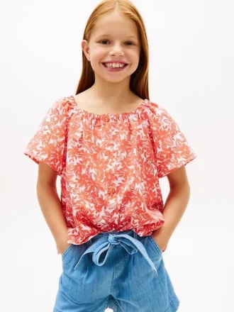 Blusa infantil con estampado tropical y mangas abullonadas
