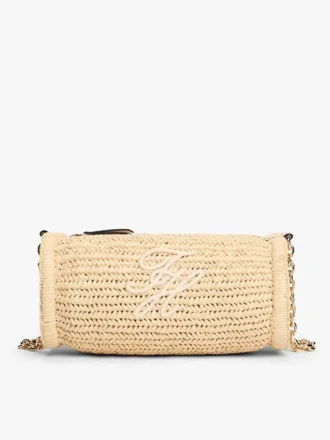 Bolso con correa de cadena de rafia y monograma Script