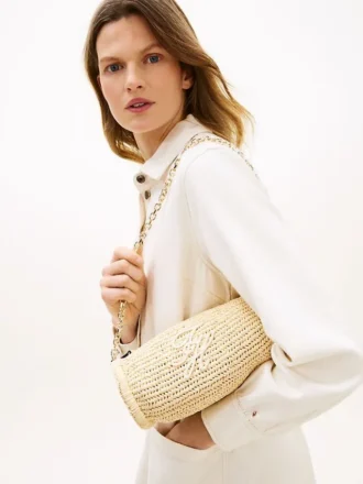 Bolso con correa de cadena de rafia y monograma Script