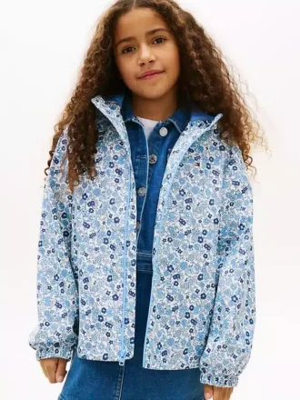 Chaqueta impermeable con capucha y estampado floral para niña Chaqueta impermeable con capucha y estampado floral para niña