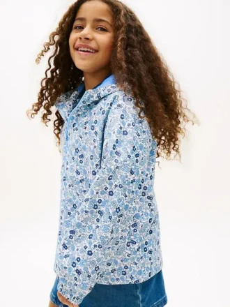 Chaqueta impermeable con capucha y estampado floral para niña Chaqueta impermeable con capucha y estampado floral para niña