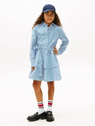 Vestido camisero de popelín a rayas con volantes para niña