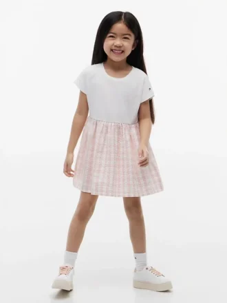 Vestido combinado de seersucker a cuadros vichy para niña