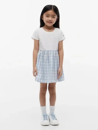 Vestido combinado de seersucker a cuadros vichy para niña