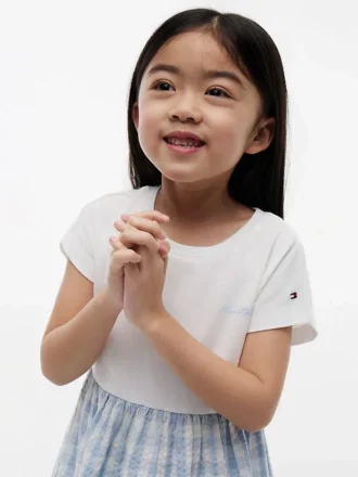 Vestido combinado de seersucker a cuadros vichy para niña