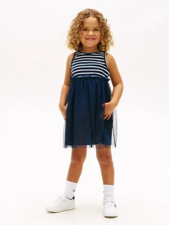 Vestido combinado de tul a rayas para niña